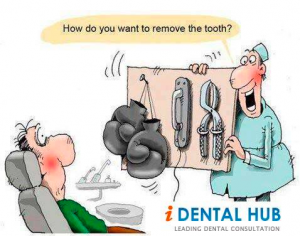 A cartoon dentist in crouch end showing a selection of unusual dental tools