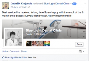 A Facebook review for Blue Light Dentists in North London - Best service I've received in long time! So so happy with the result of the 6 month smile braces!!! Lovely friendly staff. Highly recommend!!!!